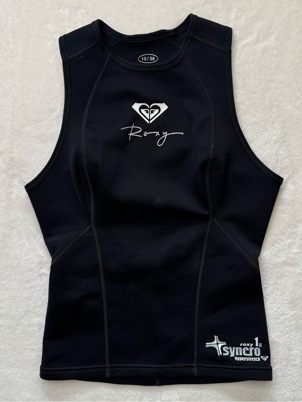 Roxy Black Syncro Hyperstretch Neoprene Swim Coverup Tank Wetsuit Top Sz 10/38 M